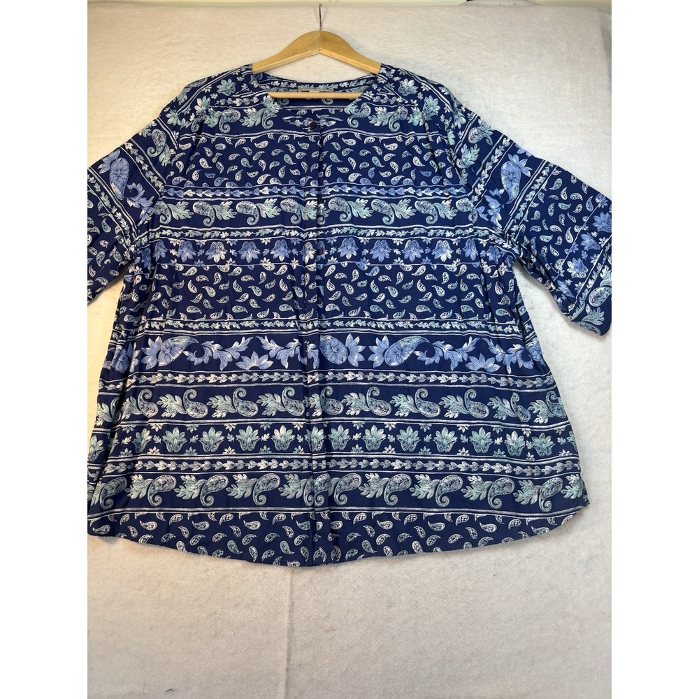 Woman Within‎ 26/28 2X Short Sleeve Button Up Tunic Blouse Blue Paisley